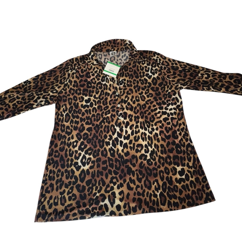 NWT Anne Klein Leopard Print Blouse Roll Tab Sleeve Button Front Office Top L